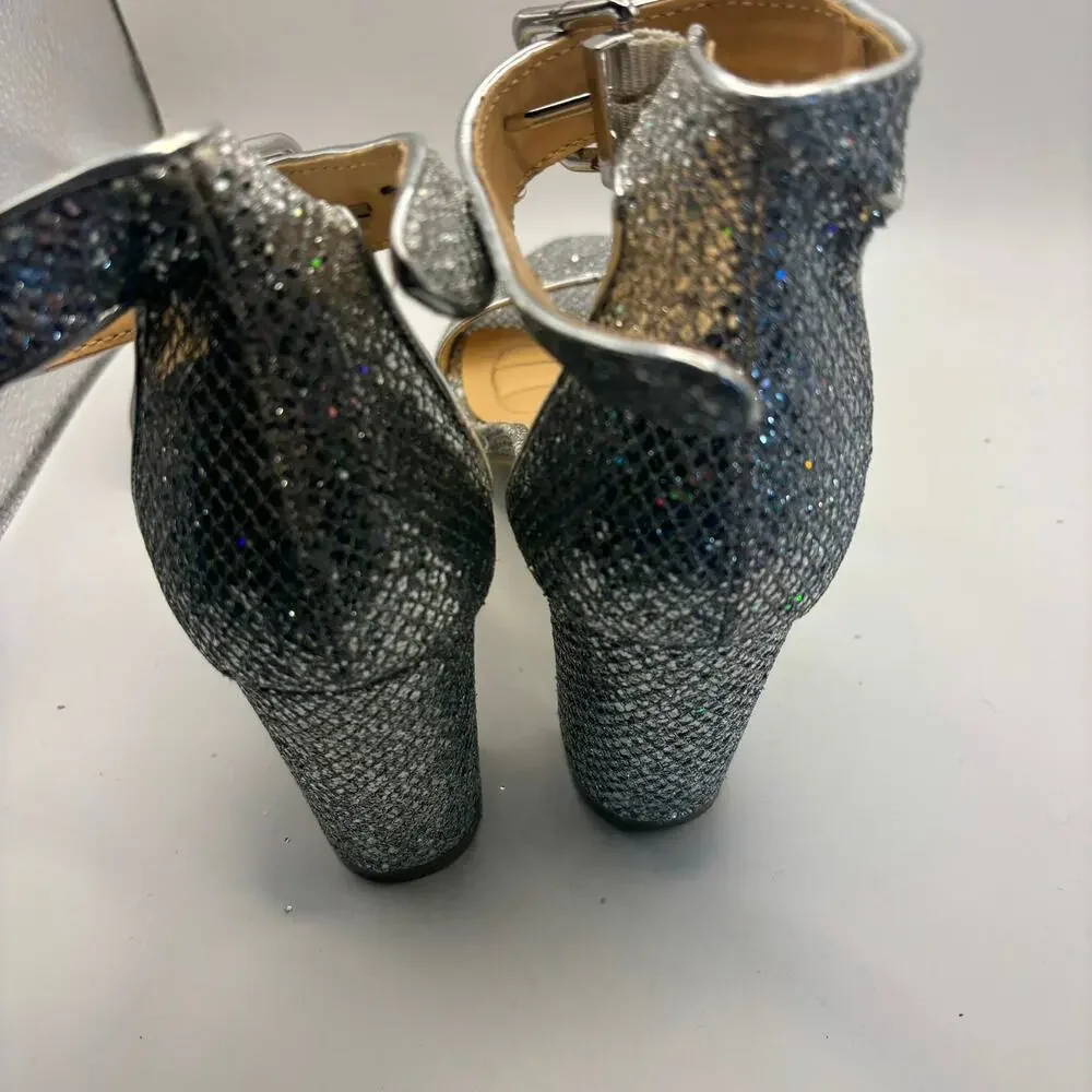 Badgley Mischka American Glamour Silver Glitter Block Heel Sandals Size 8